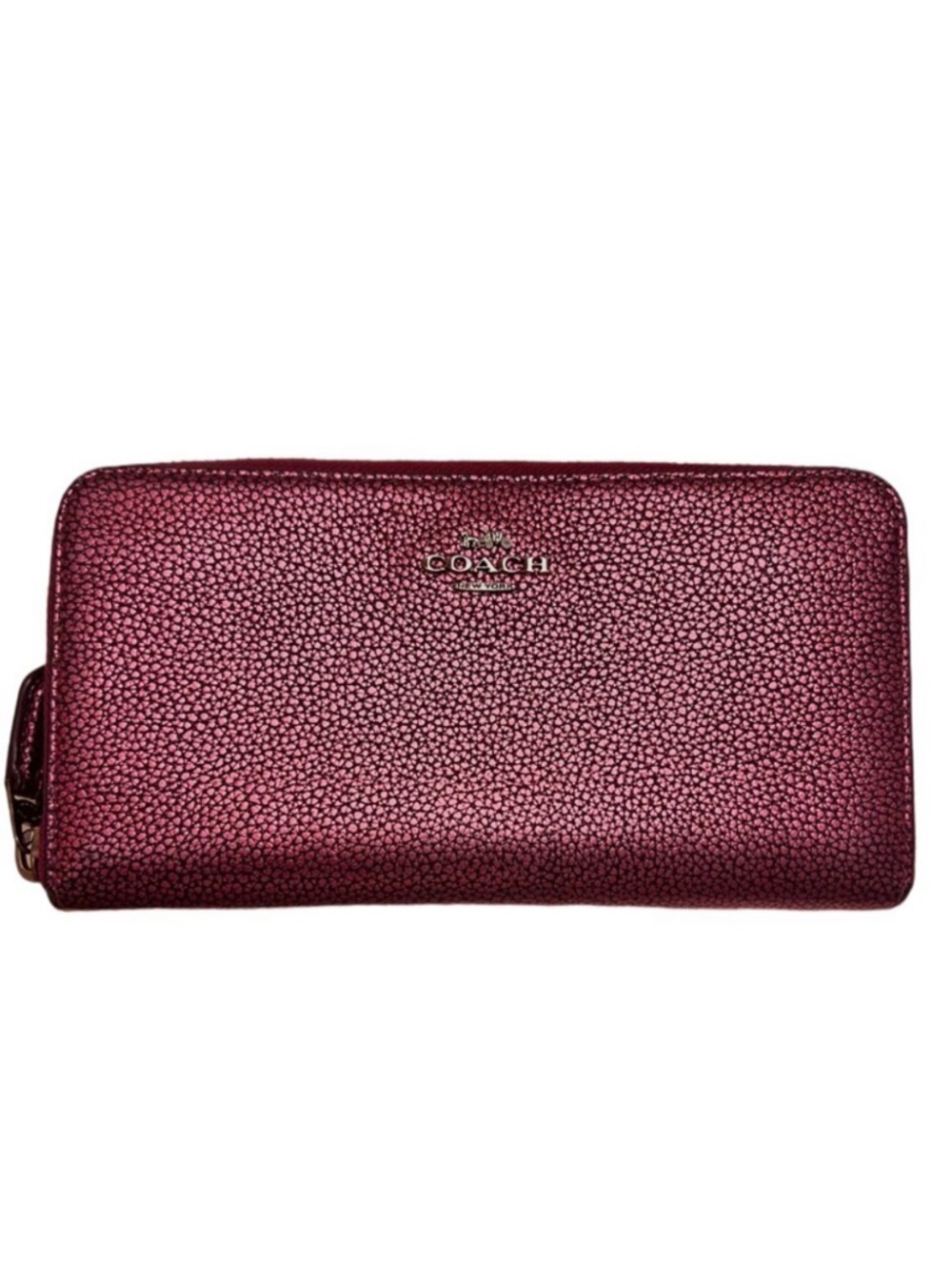 RARE COLOR! COACH Pink Metallic Pebble Leather Accordion Zip Wallet